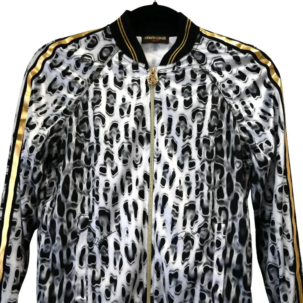 Roberto Cavalli Gym Gray Velour Leopard Print Bomber Jacket Size 38 Approx US 2